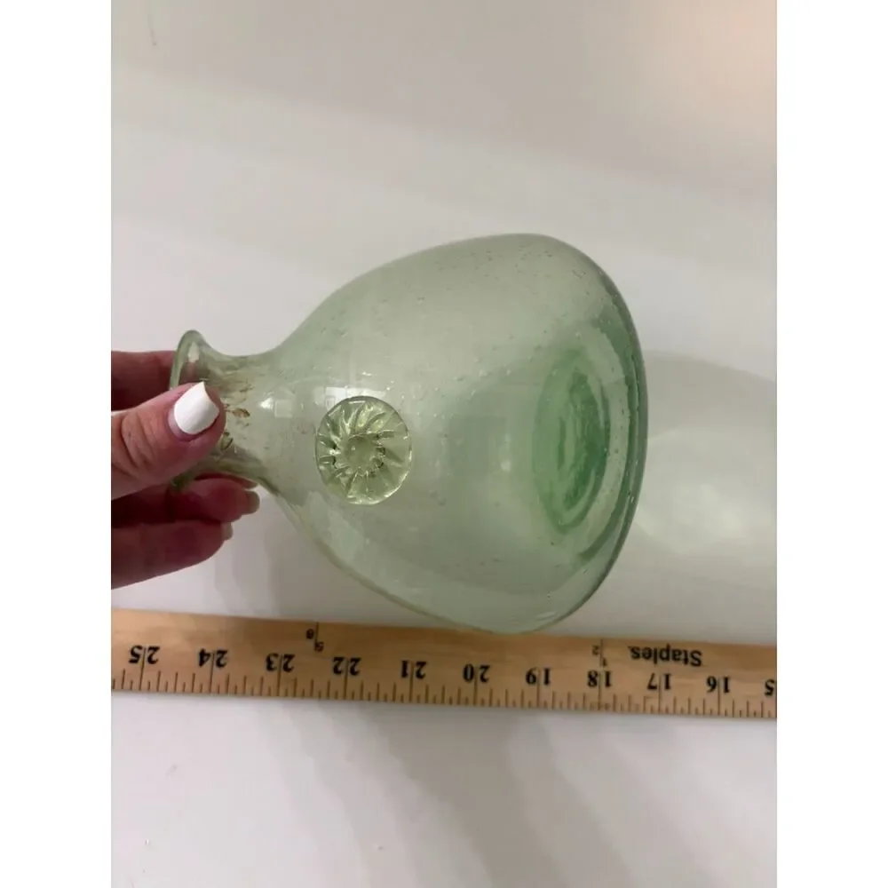 Hand blown green bubble glass vase with applied medallion